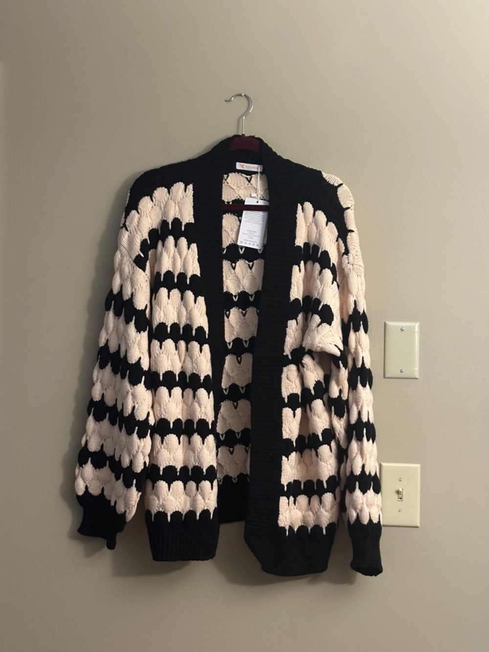 Chunky Black and Cream Open-Front Knit Cardigan Sweater